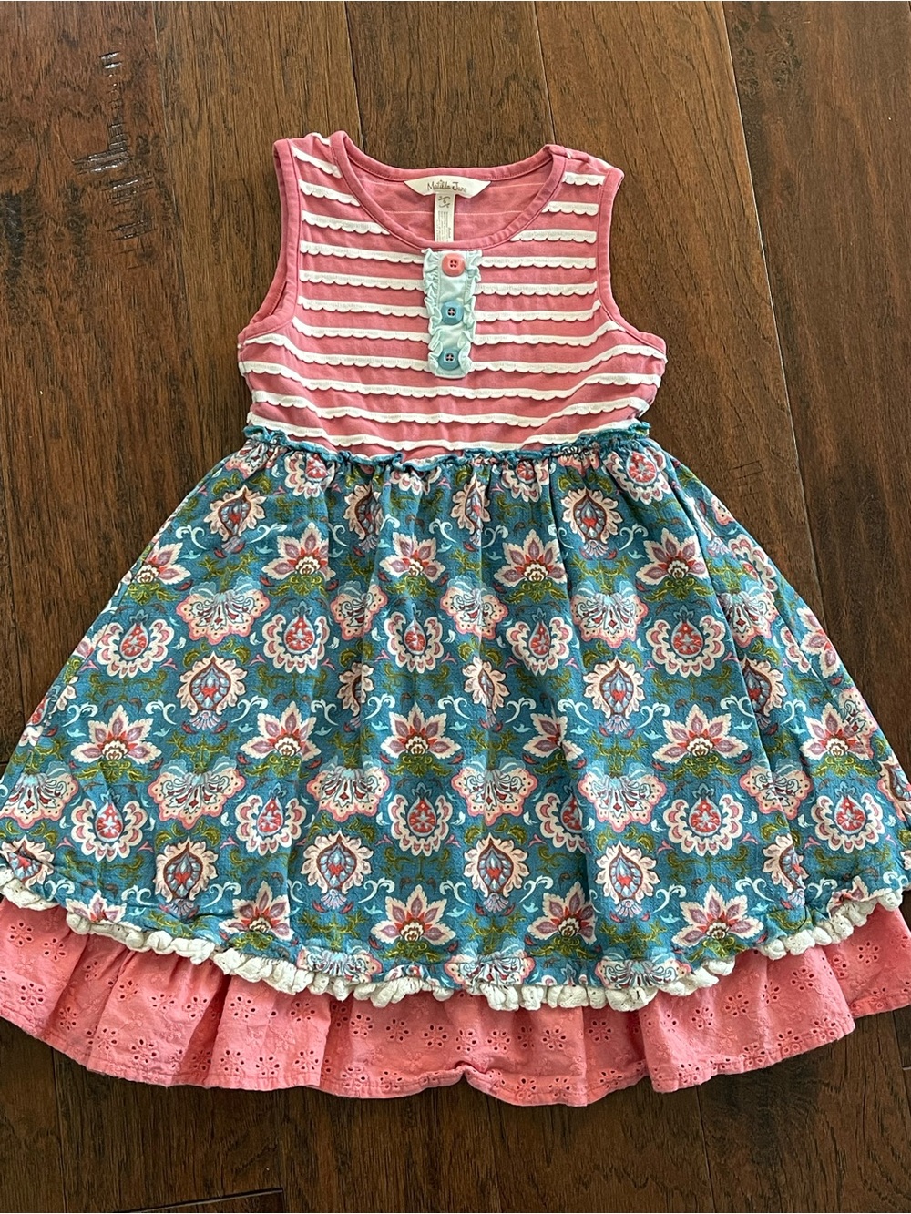 Matilda Jane Pink Striped Bodice with Teal Floral Skirt Girls Dress